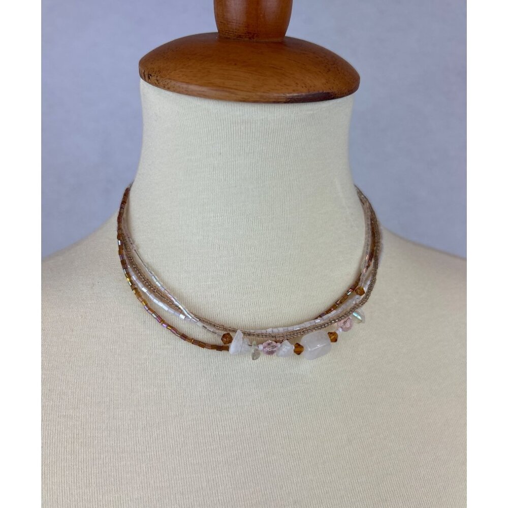 Boho Multi-Strand Beaded Necklace Rose Quartz Color White Glass Beads
